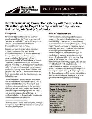 Primary view of object titled 'Project Summary: Maintaining Project Consistency with Transportation Plans through the Project Life Cycle with an Emphasis on Maintaining Air Quality Conformity'.