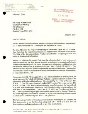 Primary view of object titled 'Texas Attorney General Open Records Letter Ruling: OR2000-0339'.