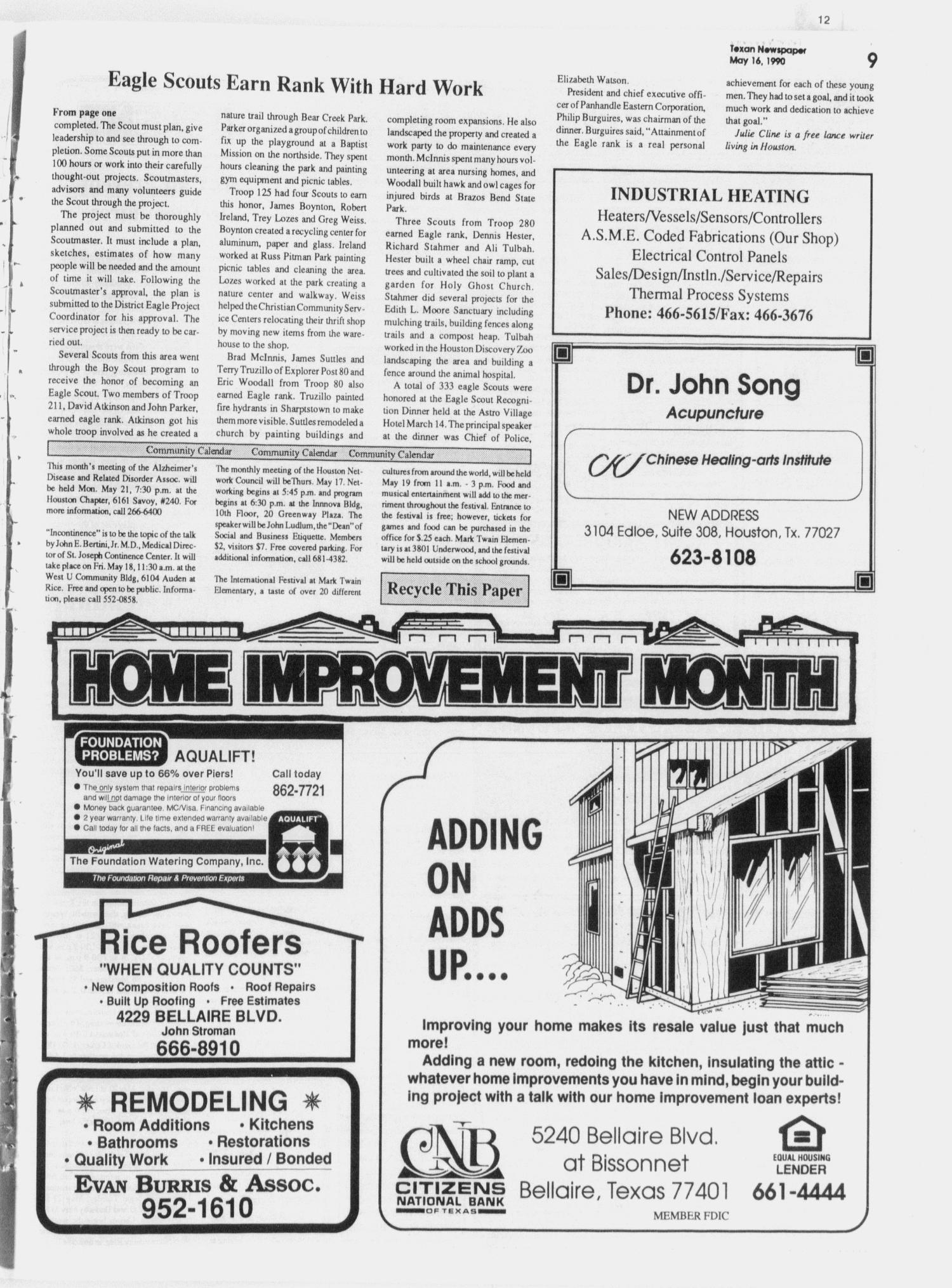 The Texan Newspaper (Bellaire and Houston, Tex.), Vol. 38, No. 19, Ed. 1 Wednesday, May 16, 1990
                                                
                                                    [Sequence #]: 9 of 12
                                                