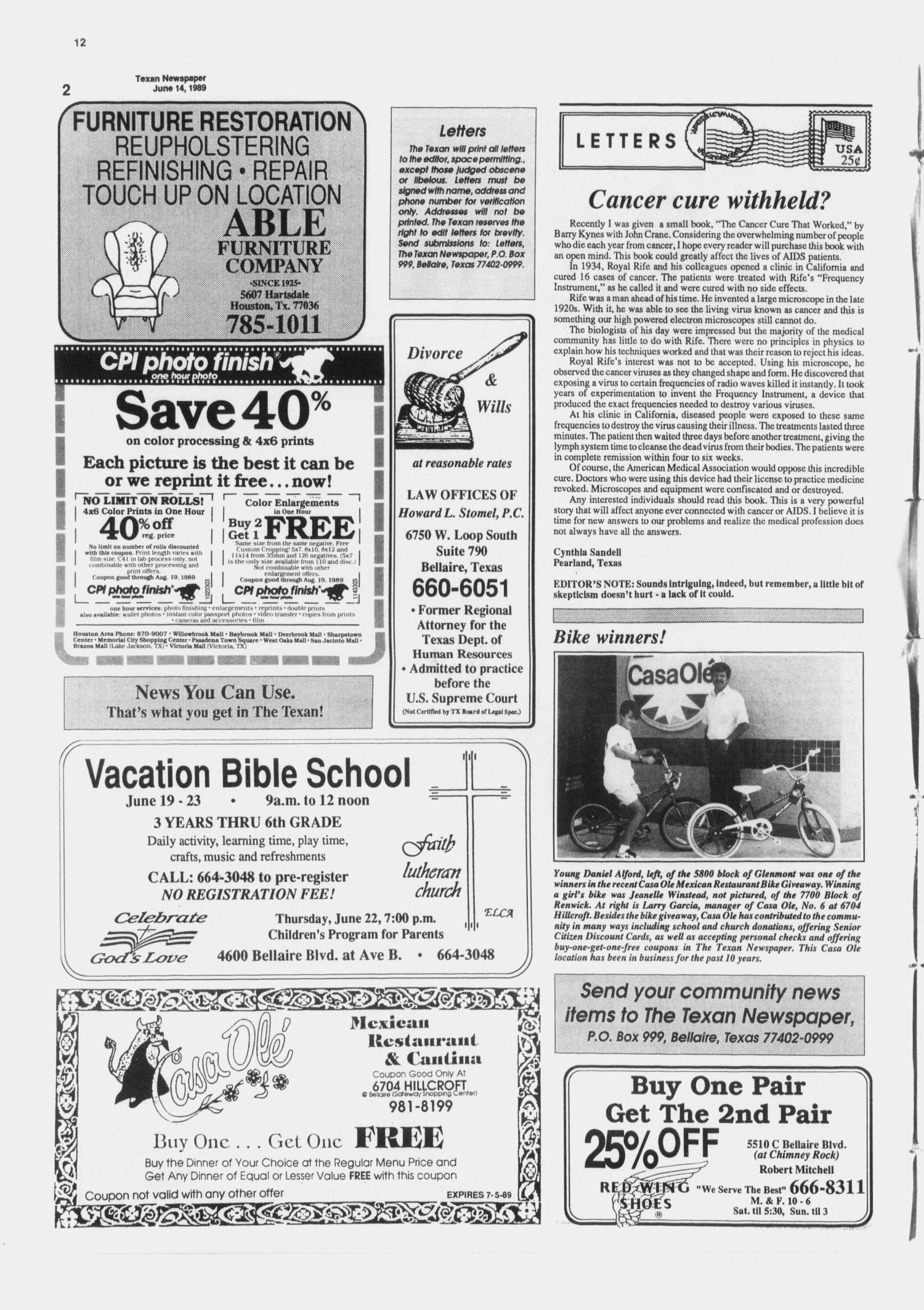 The Texan Newspaper (Bellaire and Houston, Tex.), Vol. 37, No. 24, Ed. 1 Wednesday, June 14, 1989
                                                
                                                    [Sequence #]: 2 of 16
                                                