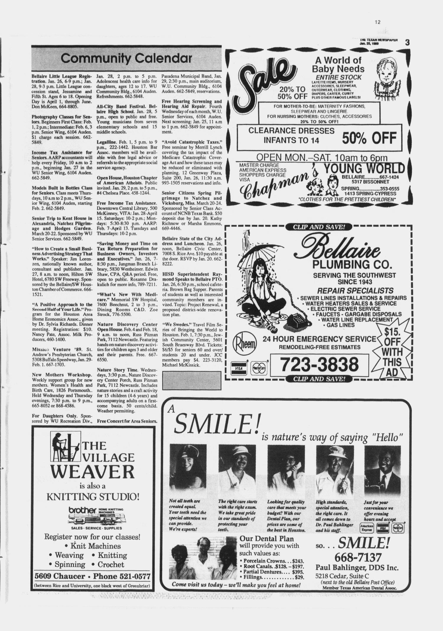 The Texan Newspaper (Bellaire, Tex.), Vol. 37, No. 4, Ed. 1 Wednesday, January 25, 1989
                                                
                                                    [Sequence #]: 3 of 12
                                                