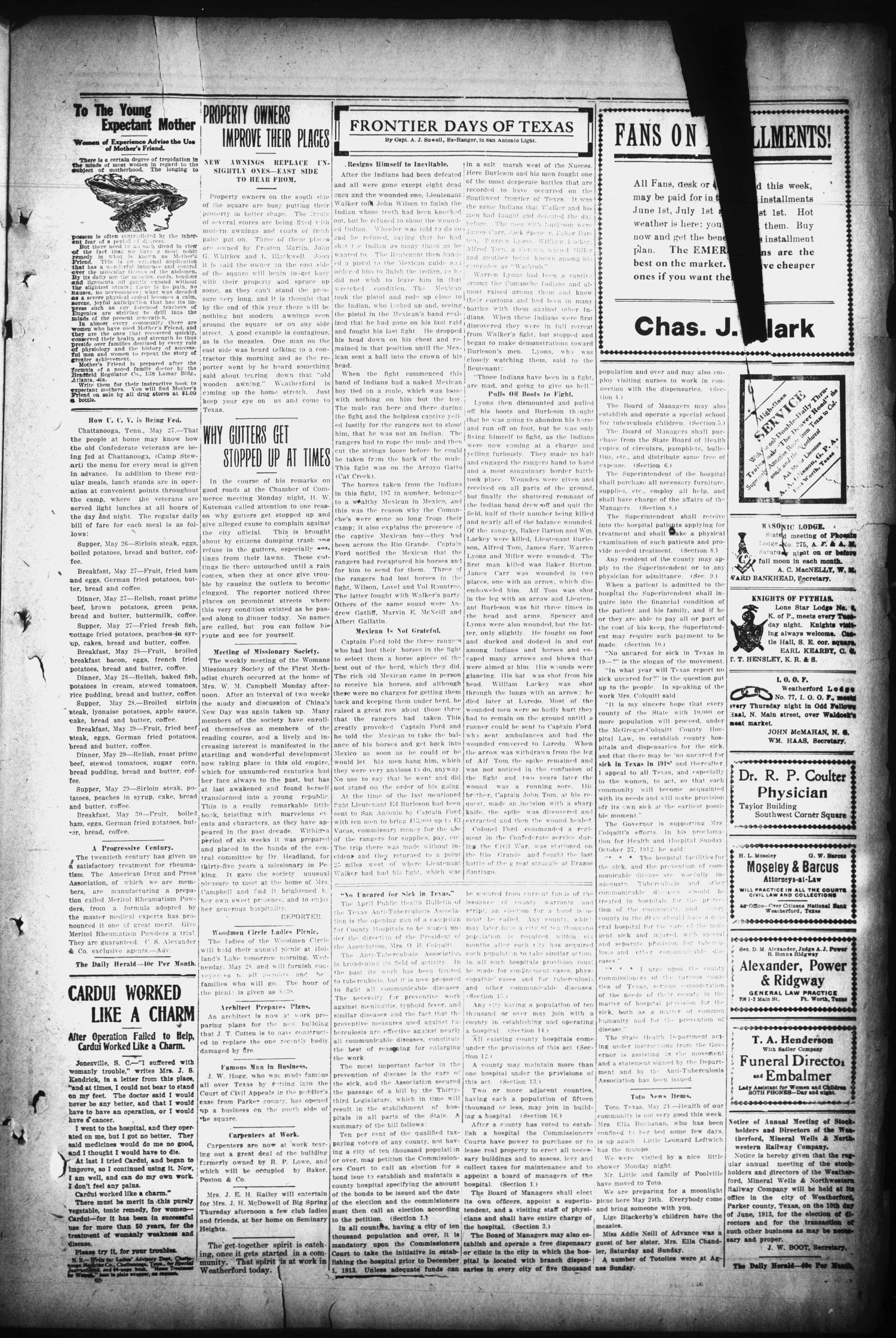 The Daily Herald. (Weatherford, Tex.), Vol. 14, No. 115, Ed. 1 Tuesday, May 27, 1913
                                                
                                                    [Sequence #]: 3 of 4
                                                