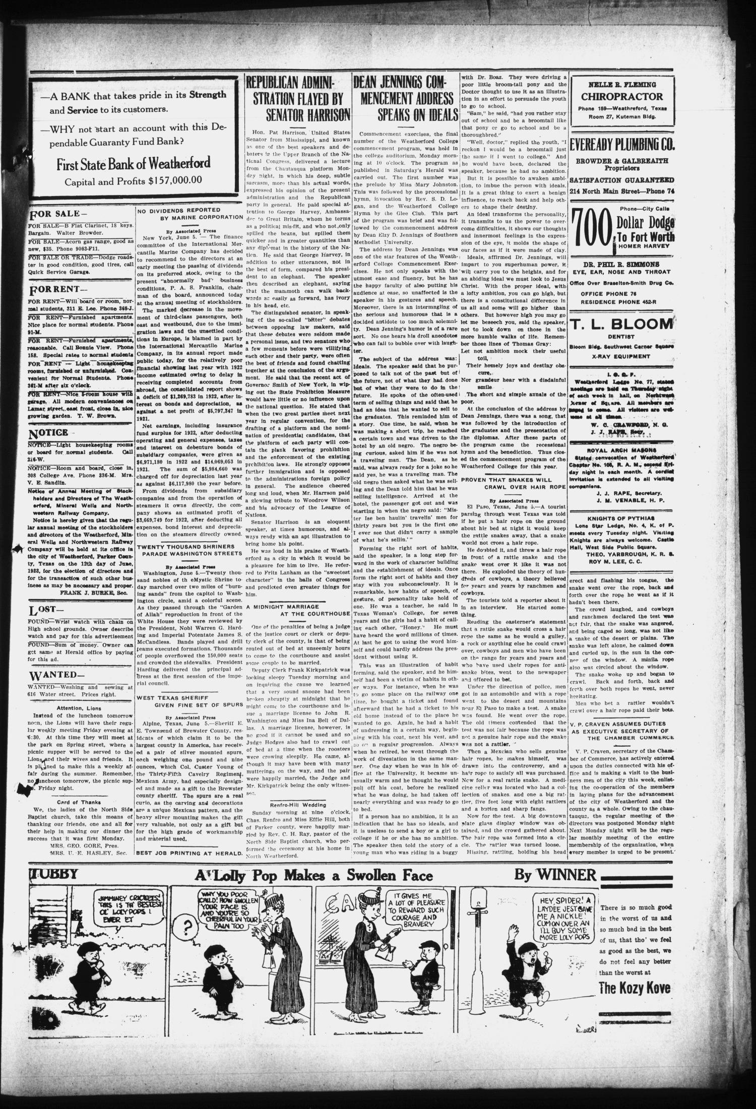 The Daily Herald (Weatherford, Tex.), Vol. 23, No. 424, Ed. 1 Tuesday, June 5, 1923
                                                
                                                    [Sequence #]: 3 of 4
                                                