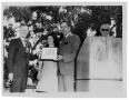 Thumbnail image of item number 1 in: '[Two Men Hold a Framed Certificate in Front of Lady Bird Johnson]'.