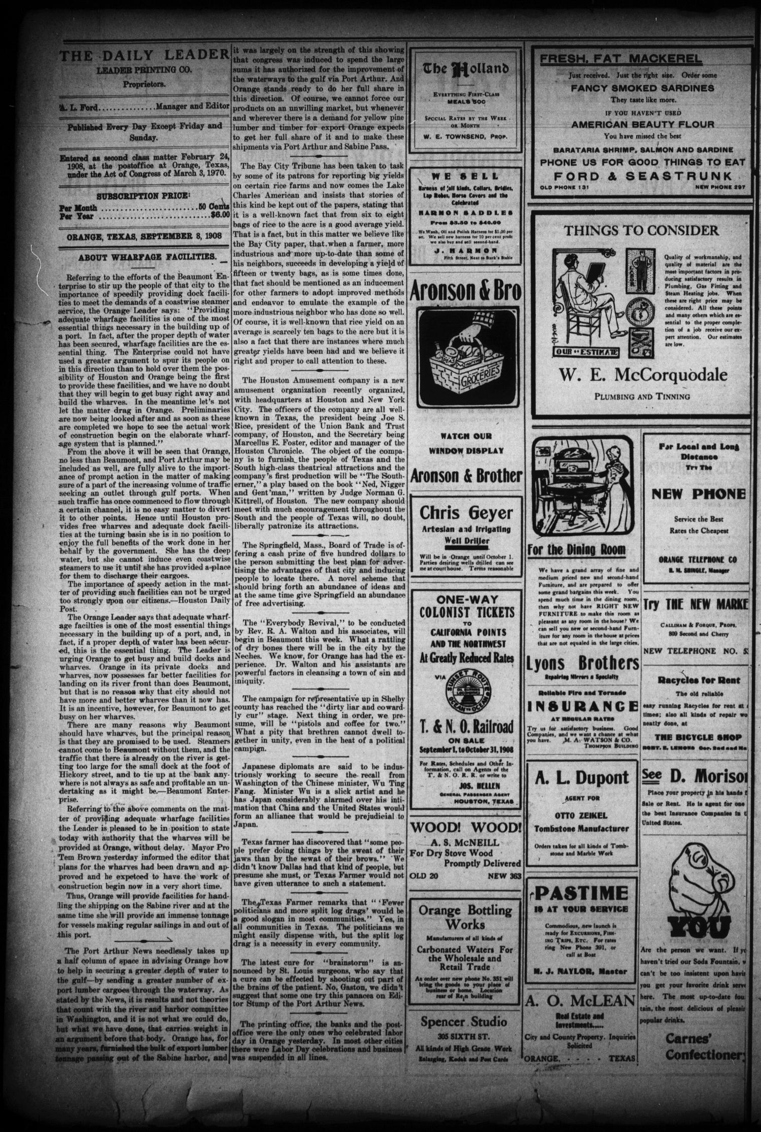 The Daily Leader (Orange, Tex.), Vol. 1, No. 137, Ed. 1 Tuesday, September 8, 1908
                                                
                                                    [Sequence #]: 2 of 8
                                                