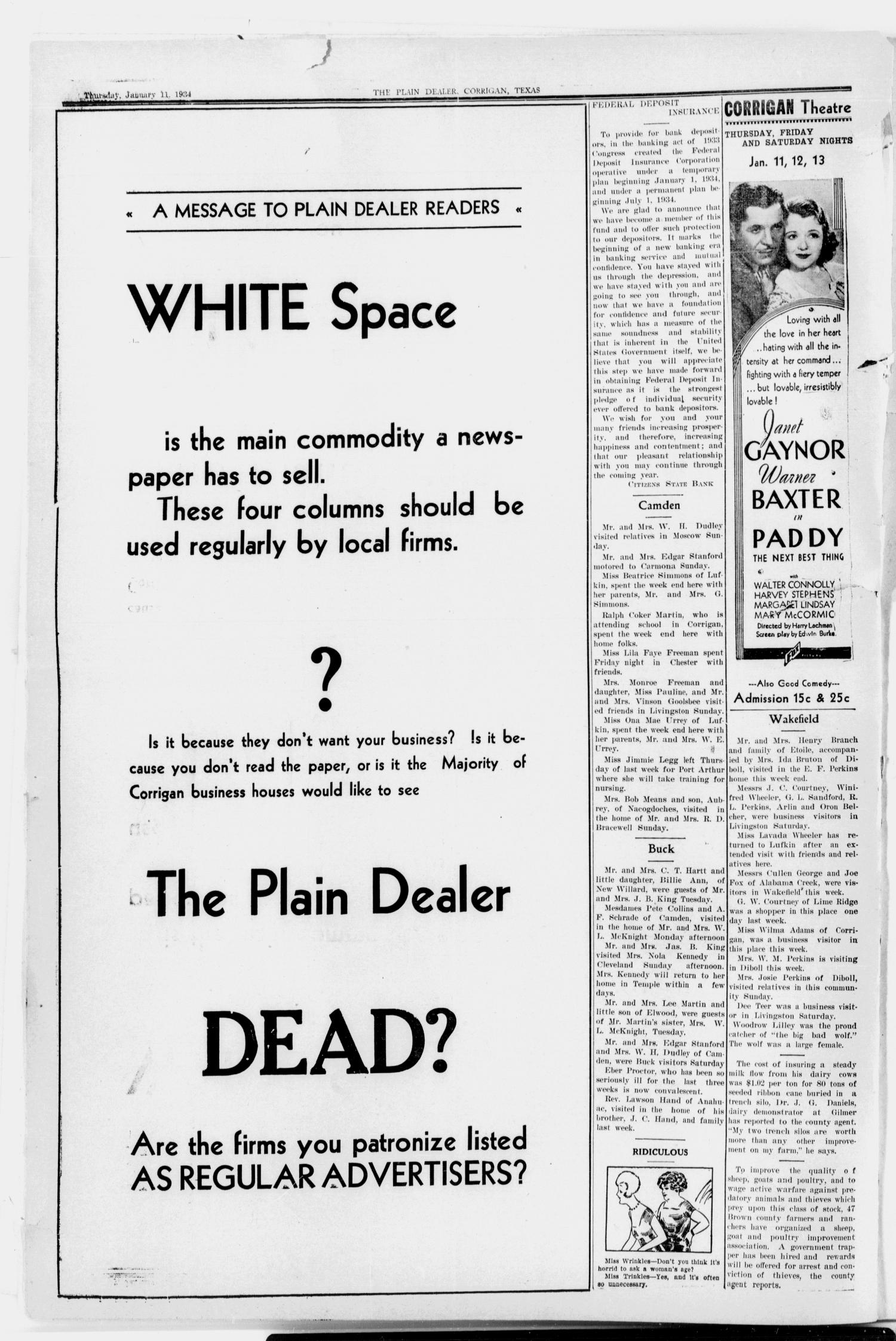 The Plain Dealer (Corrigan, Tex.), Vol. 2, No. 49, Ed. 1 Thursday, January 11, 1934
                                                
                                                    [Sequence #]: 4 of 4
                                                