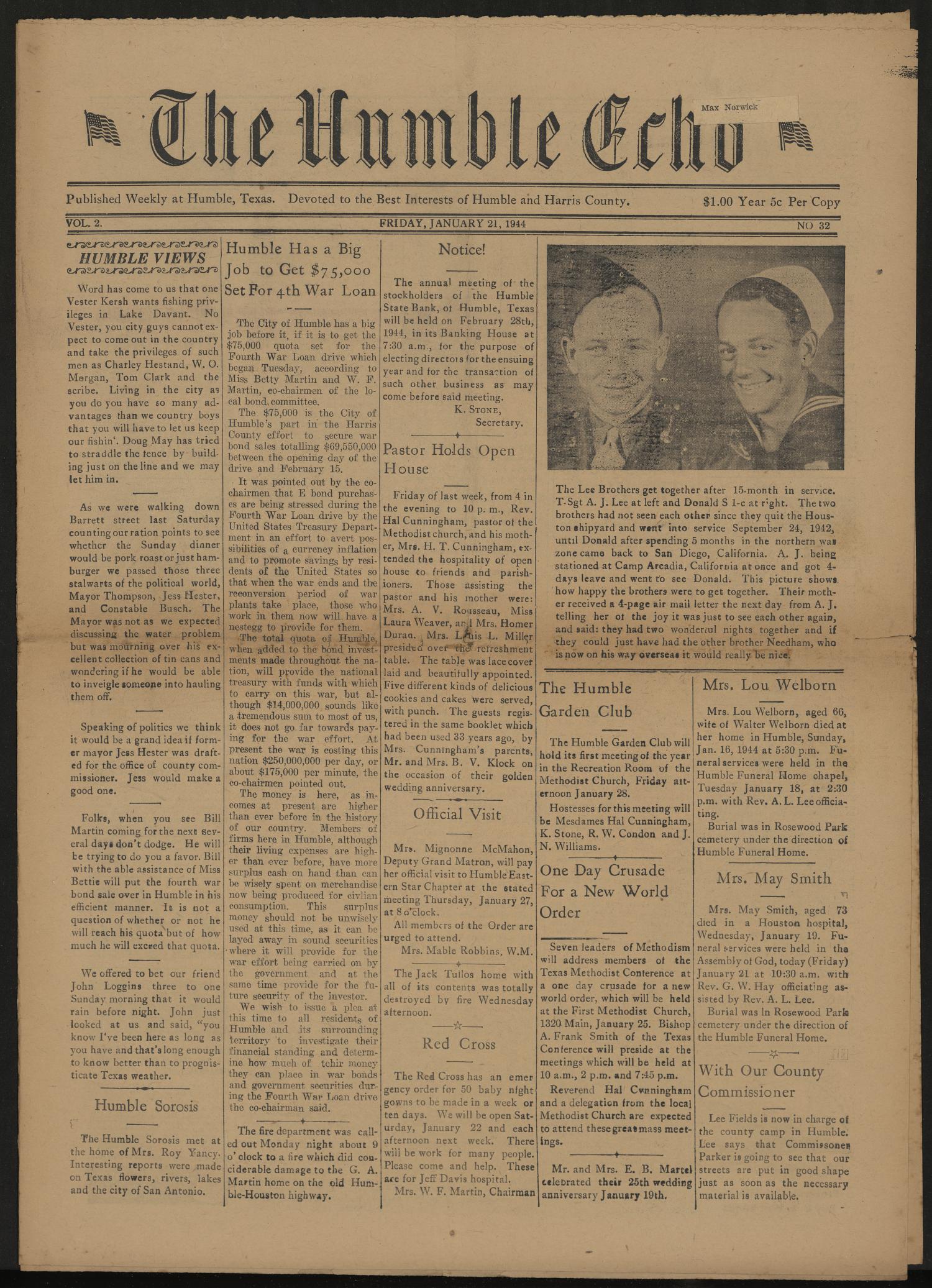 The Humble Echo (Humble, Tex.), Vol. 2, No. 32, Ed. 1 Friday, January 21, 1944
                                                
                                                    [Sequence #]: 1 of 8
                                                
