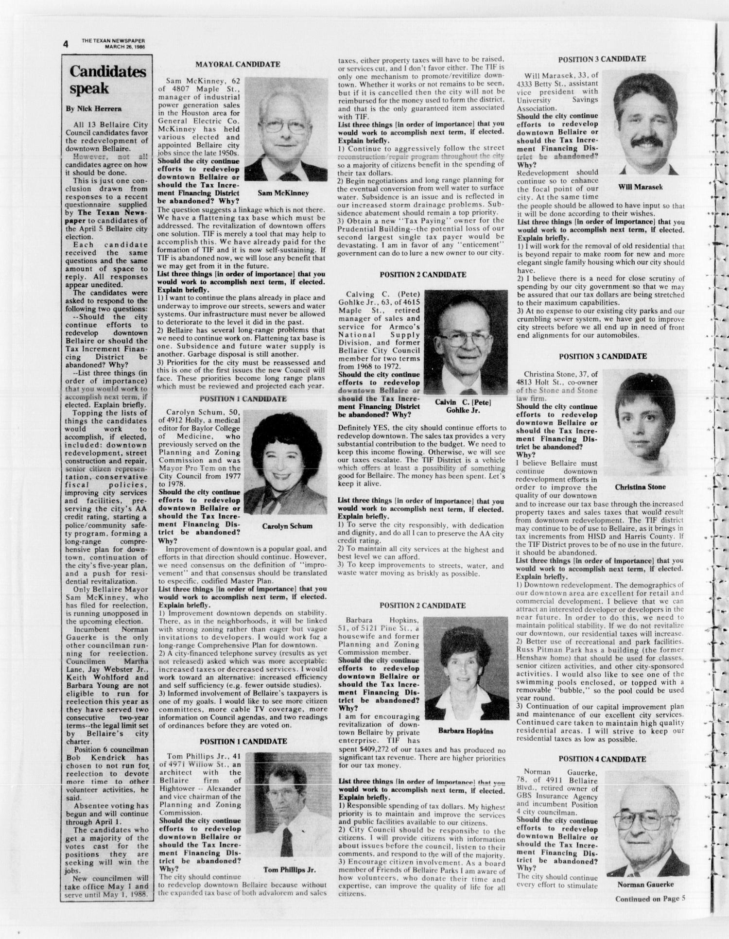 The Texan (Bellaire, Tex.), Vol. 33, No. 29, Ed. 1 Wednesday, March 26, 1986
                                                
                                                    [Sequence #]: 4 of 20
                                                