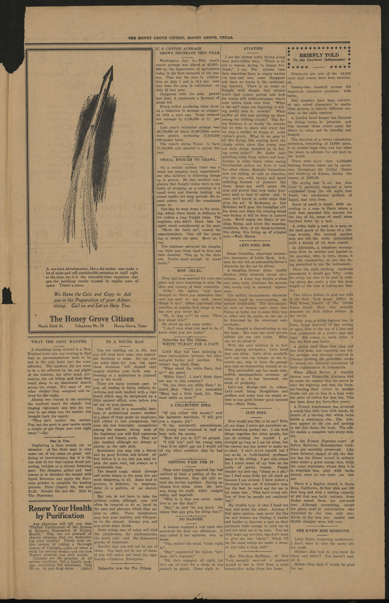 The Honey Grove Citizen (Honey Grove, Tex.), Vol. 55, No. 28, Ed. 1 Friday, July 15, 1927
                                                
                                                    [Sequence #]: 3 of 4
                                                