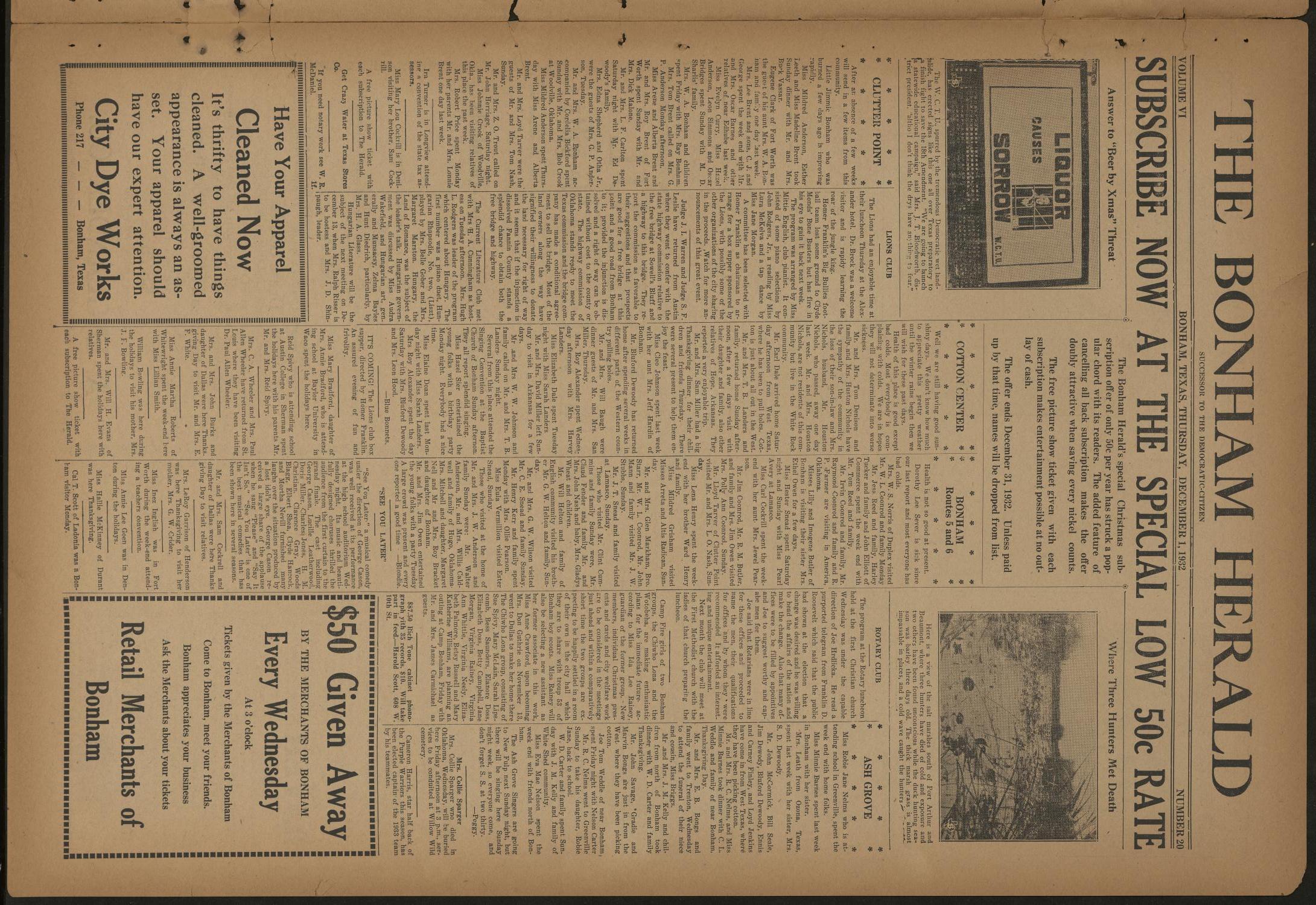 The Bonham Herald (Bonham, Tex.), Vol. 6, No. 20, Ed. 1 Thursday, December 1, 1932
                                                
                                                    [Sequence #]: 1 of 6
                                                