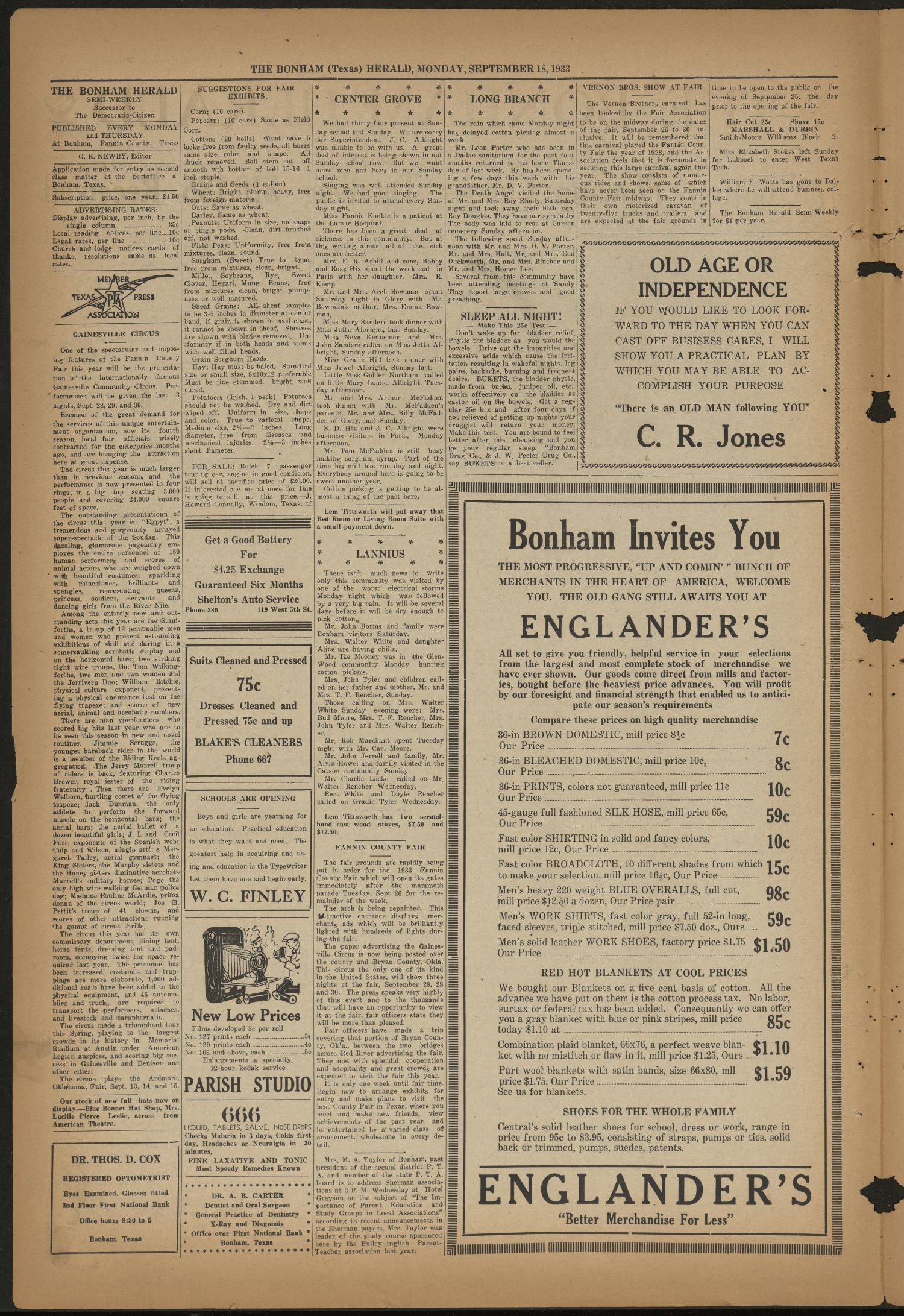 The Bonham Herald (Bonham, Tex.), Vol. 7, No. 5, Ed. 1 Monday, September 18, 1933
                                                
                                                    [Sequence #]: 2 of 4
                                                