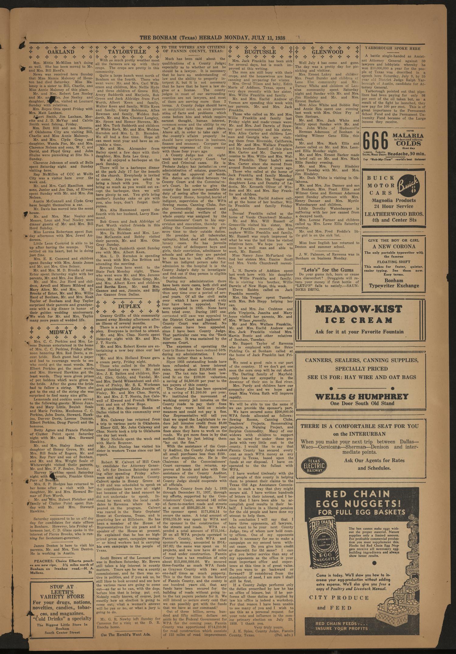 The Bonham Herald (Bonham, Tex.), Vol. 11, No. 93, Ed. 1 Monday, July 11, 1938
                                                
                                                    [Sequence #]: 3 of 4
                                                