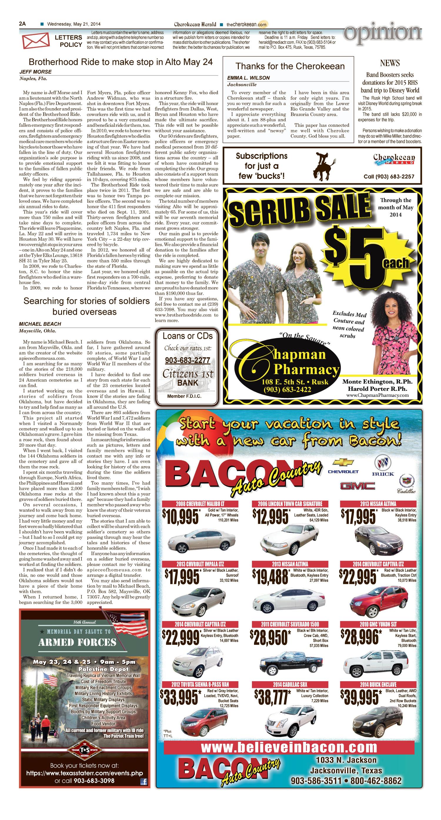 Cherokeean Herald (Rusk, Tex.), Vol. 165, No. 13, Ed. 1 Wednesday, May 21, 2014
                                                
                                                    [Sequence #]: 2 of 20
                                                