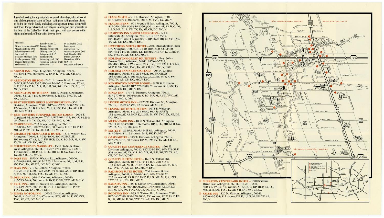Arlington Texas Lodging Guide And Map Side 2 Of 2 The Portal To Texas History