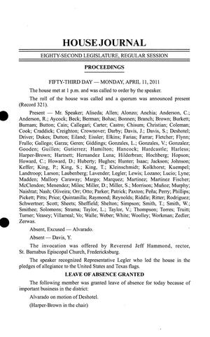 Journal of the House of Representatives of Texas: 82nd Legislature, Regular Session, Monday, April 11, 2011