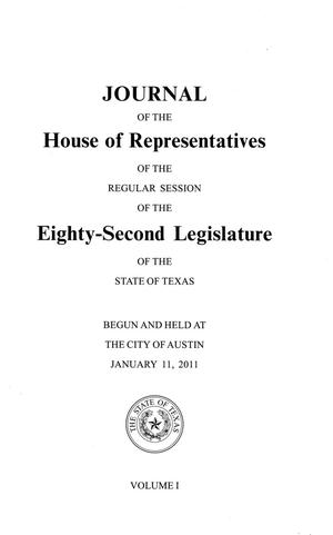 Primary view of object titled 'Journal of the House of Representatives of the Regular Session of the Eighty-Second Legislature of the State of Texas, Volume 1'.