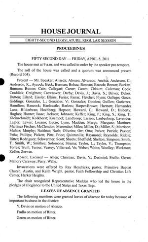 Journal of the House of Representatives of Texas: 82nd Legislature, Regular Session, Friday, April 8, 2011