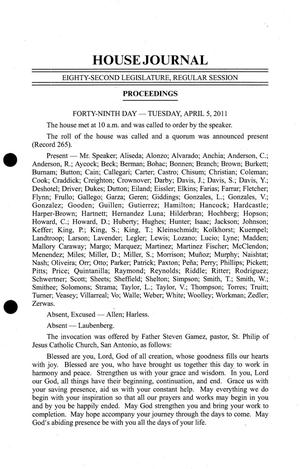 Primary view of object titled 'Journal of the House of Representatives of Texas: 82nd Legislature, Regular Session, Tuesday, April 5, 2011'.