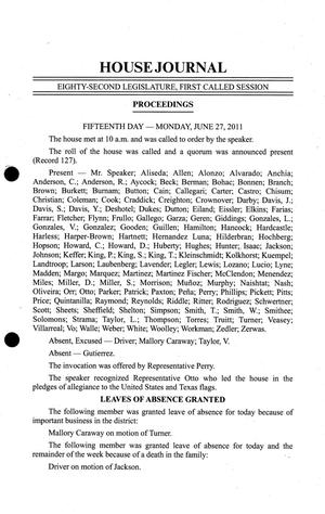 Journal of the House of Representatives of Texas: 82nd Legislature, Regular Session, Monday, June 27, 2011