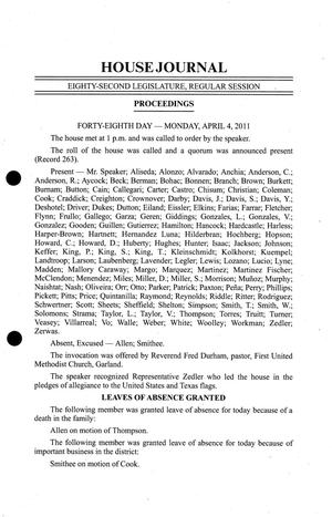 Primary view of object titled 'Journal of the House of Representatives of Texas: 82nd Legislature, Regular Session, April 4, 2011'.