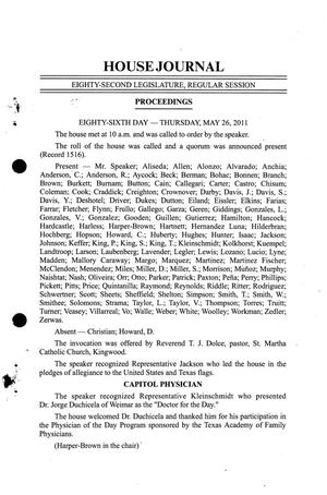 Journal of the House of Representatives of Texas: 82nd Legislature, Regular Session, Thursday, May 26, 2011
