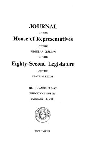 Primary view of object titled 'Journal of the House of Representatives of the Regular Session of the Eighty-Second Legislature of the State of Texas, Volume 3'.