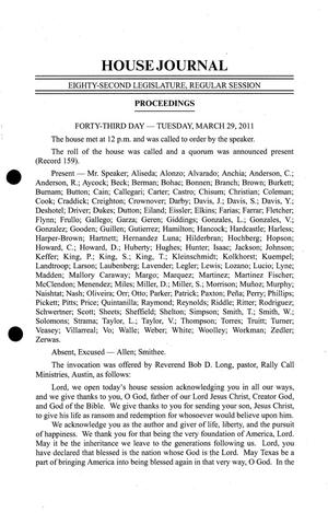 Primary view of object titled 'Journal of the House of Representatives of Texas: 82nd Legislature, Regular Session, Tuesday, March 29, 2011'.
