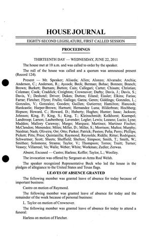 Primary view of object titled 'Journal of the House of Representatives of Texas: 82nd Legislature, First Called Session, June 22, 2011'.