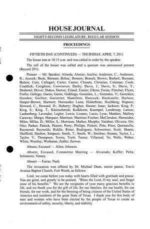 Primary view of object titled 'Journal of the House of Representatives of Texas: 82nd Legislature, Regular Session, Thursday, April 7, 2011 [Continued]'.