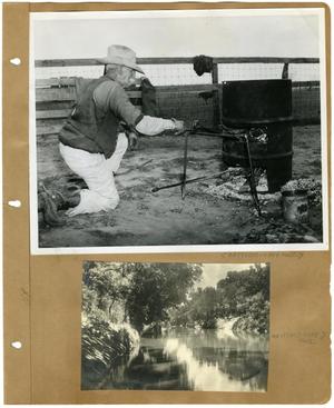 Primary view of object titled '[Scrapbook Page Featuring an Elderly Cowboy and the Clear Fork of the Brazos River]'.
