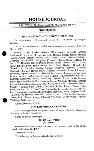 Journal of the House of Representatives of Texas: 82nd Legislature, Regular Session, Thursday, April 21, 2011