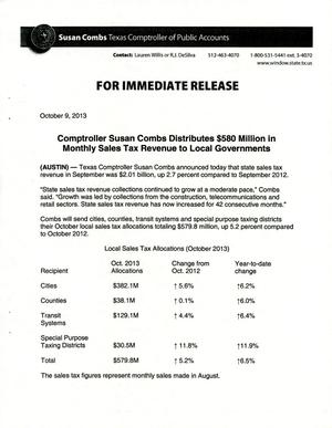 Primary view of object titled 'Comptroller Susan Combs Distributes $580 Million  in Monthly Sales Tax Revenue to Local Governments'.