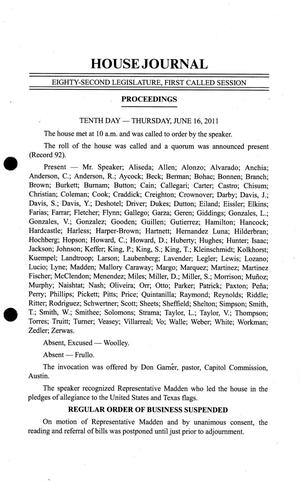 Primary view of object titled 'Journal of the House of Representatives of Texas: 82nd Legislature, Regular Session, Thursday, June 16, 2011'.