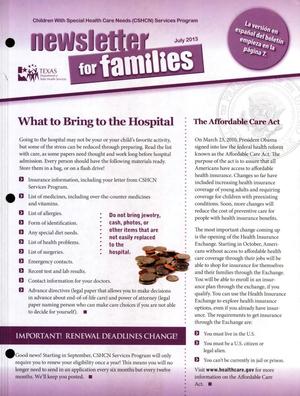 Children with Special Health Care Needs: Newsletter for Families, July 2013