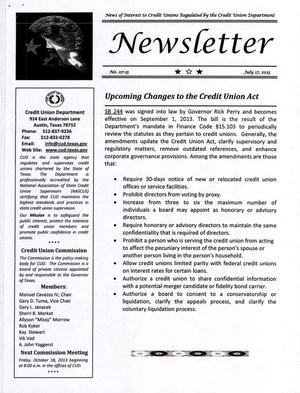 Primary view of object titled 'Credit Union Department Newsletter, Number 07-13, July 2013'.
