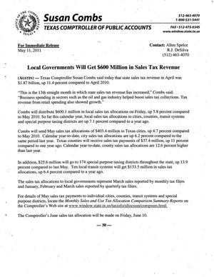 Local Governments Will Get $600 Million in Sales Tax Revenue