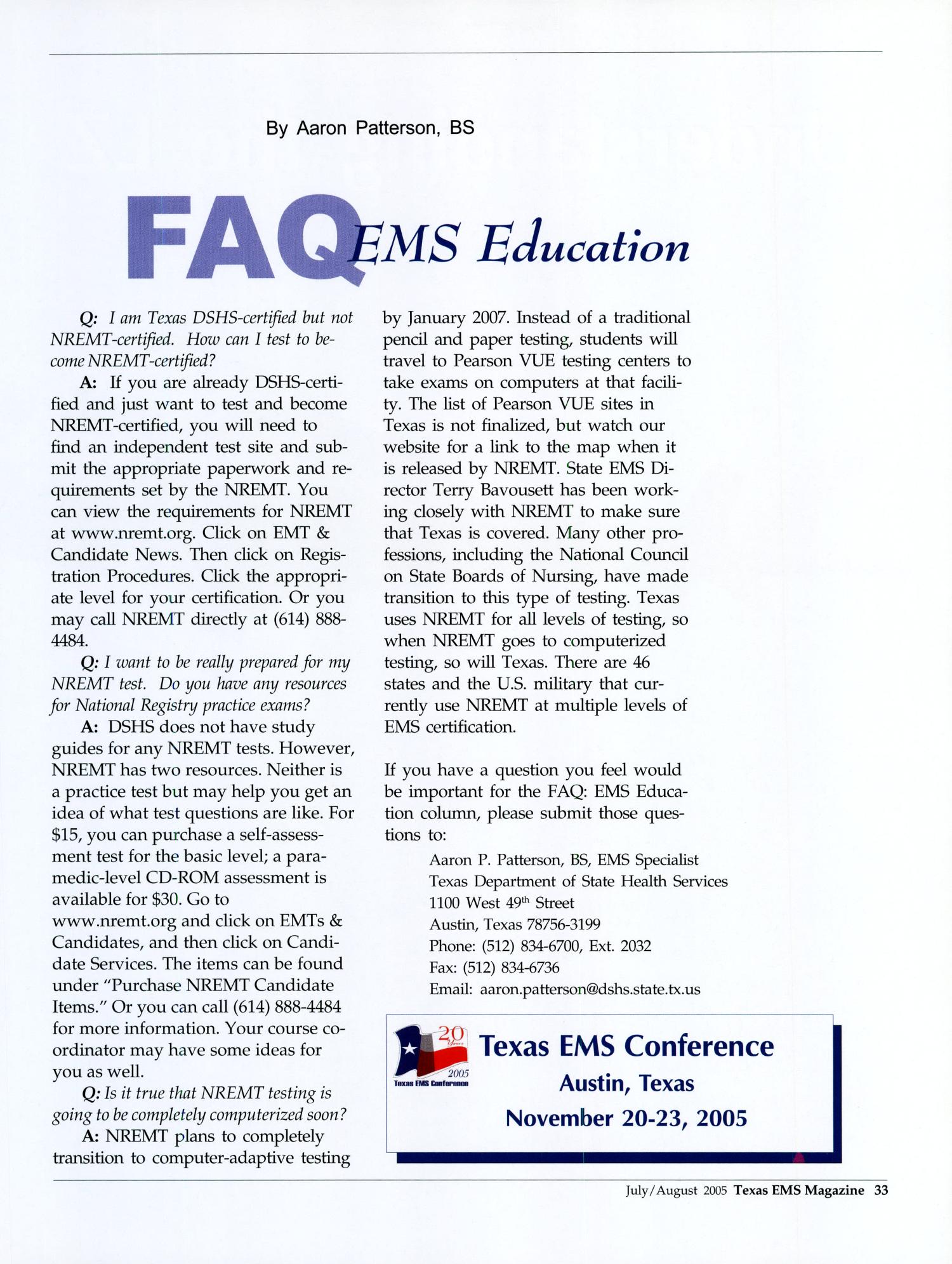 Texas EMS Magazine, Volume 26, Number 4, July/August 2005
                                                
                                                    33
                                                