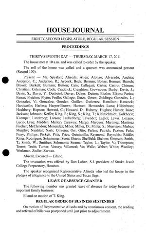 Journal of the House of Representatives of Texas: 82nd Legislature, Regular Session, Thursday, March 17, 2011