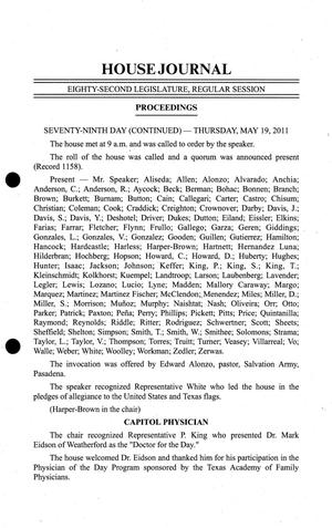 Primary view of object titled 'Journal of the House of Representatives of Texas: 82nd Legislature, Regular Session, Thursday, May 19, 2011'.