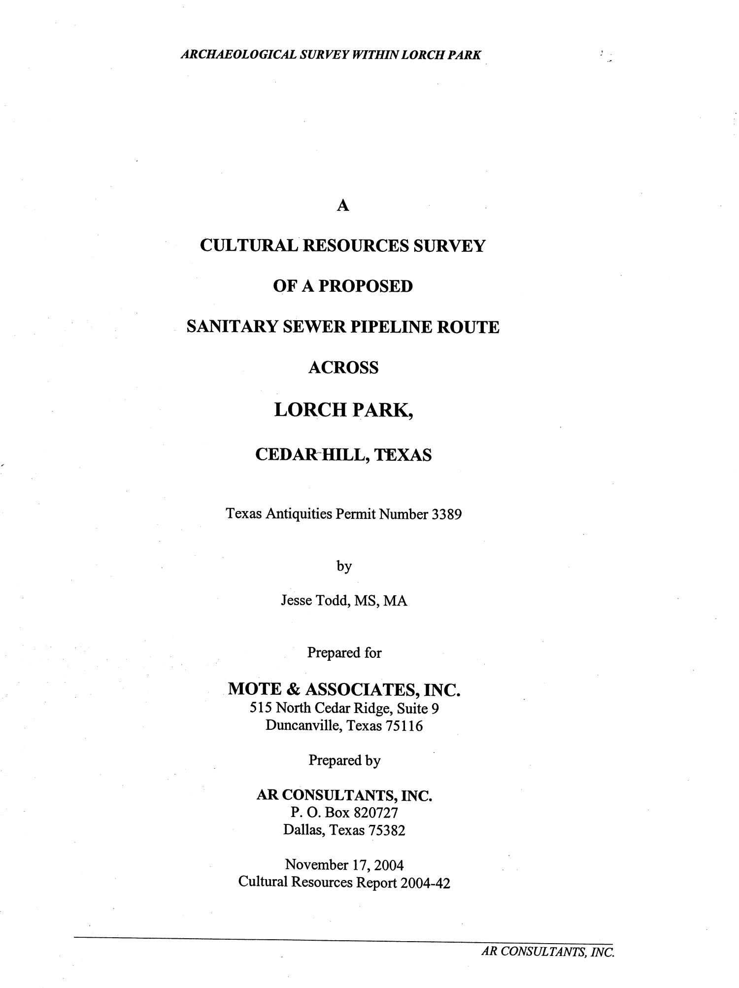 A Cultural Resources Survey of a Proposed Sanitary Sewer Pipeline Route Across Lorch Park, Cedar Hill, Texas
                                                
                                                    Title Page
                                                