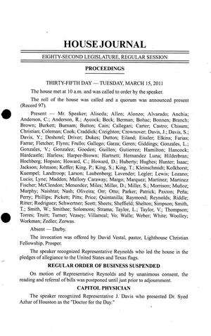 Journal of the House of Representatives of Texas: 82nd Legislature, Regular Session, Tuesday, March 15, 2011