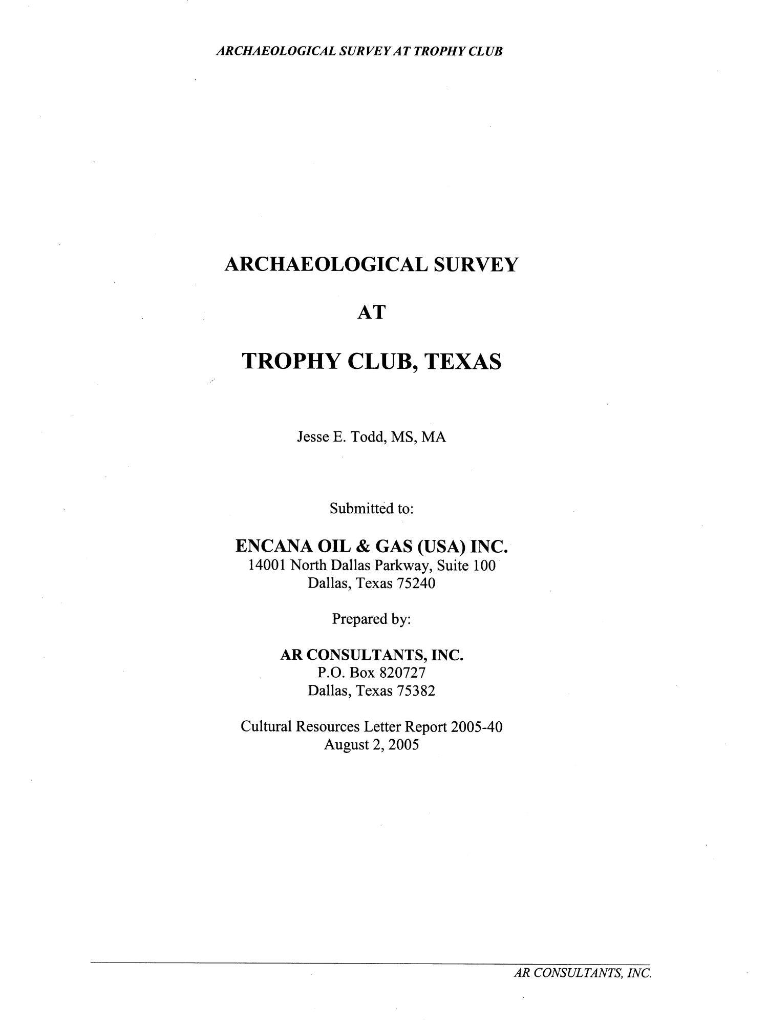 Archaeological Survey at Trophy Club, Texas
                                                
                                                    Title Page
                                                