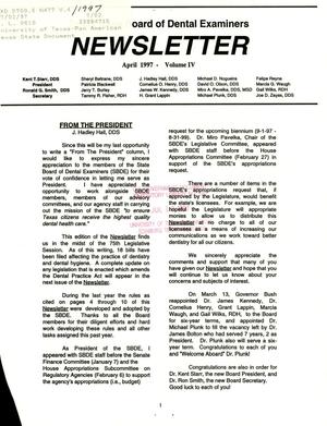Primary view of object titled 'Texas State Board of Dental Examiners Newsletter, Volume 4, April 1997'.