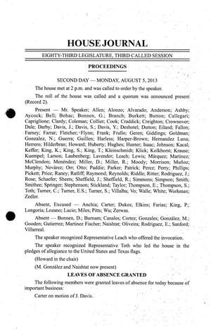 Journal of the House of Representatives of Texas: 83rd Legislature, Third Called Session, Monday, August 5, 2013
