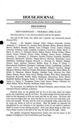 Primary view of object titled 'Journal of the House of Representatives of Texas: 82nd Legislature, Regular Session, April 28, 2011'.