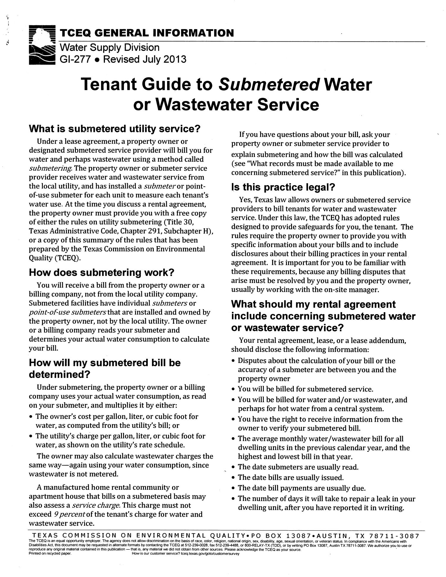 Tenant Guide to Submetered Water or Wastewater Service
                                                
                                                    1
                                                