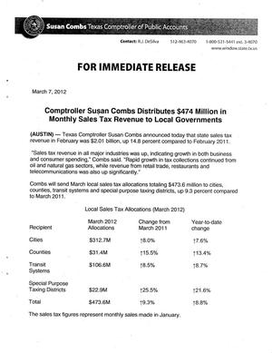 Comptroller Susan Combs Distributes $474 Million in Monthly Sales Tax Revenue to Local Governments
