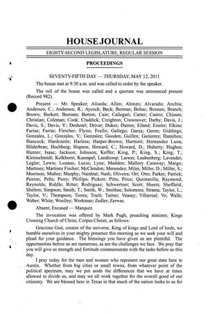 Primary view of object titled 'Journal of the House of Representatives of Texas: 82nd Legislature, Regular Session, May 12, 2011'.