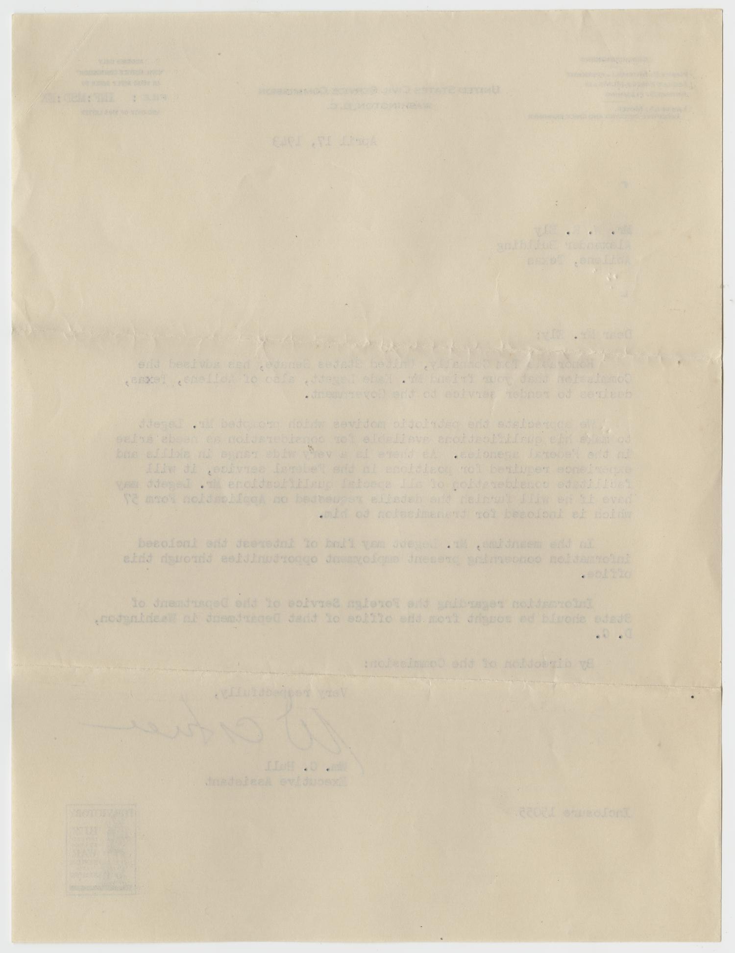 [Letter from William C. Hull to W.R. Ely - April 17. 1943]
                                                
                                                    [Sequence #]: 2 of 4
                                                