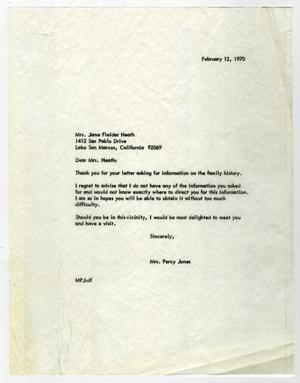 [Letter from Mrs. Percy Jones to Jame Fielder Heath - February 12, 1970]
